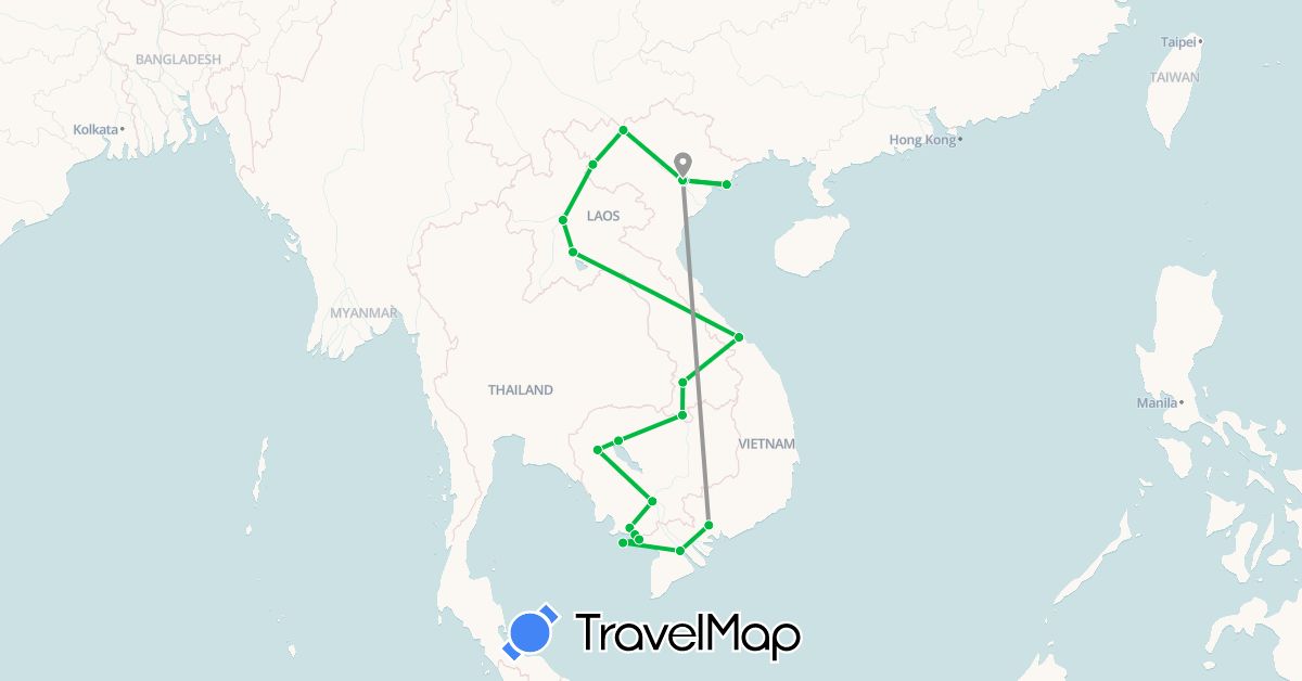 TravelMap itinerary: driving, bus, plane in Cambodia, Laos, Vietnam (Asia)